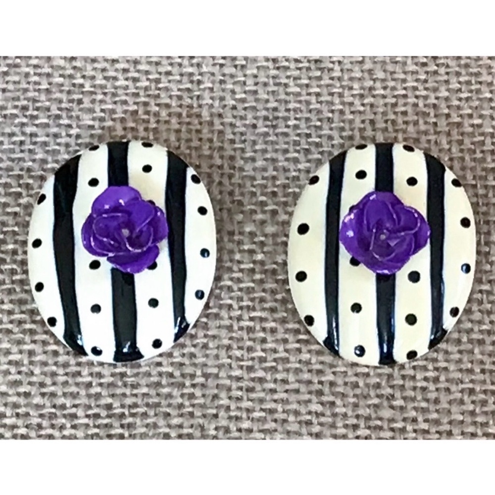 Vintage Striped Polka Dot Purple Flower Oval Earrings Twee Whimsical Boho Fun
